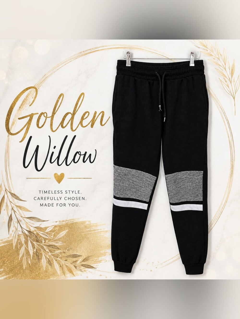 Golden Willow Kids Black Joggers with Gray Knee Panels and White Stripe Accent